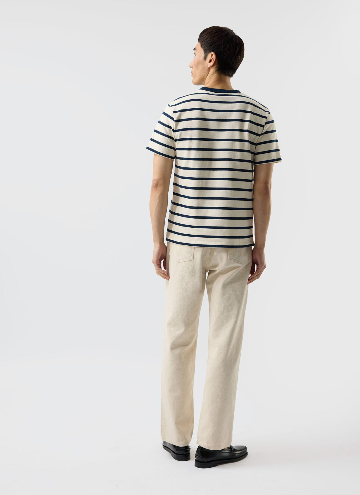 Men's Striped T Shirt: Breton - Cotton - Cream with Navy | Percival