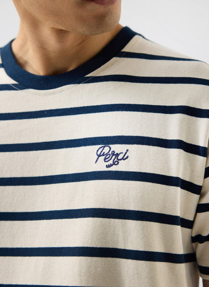 Men's Striped T Shirt: Breton - Cotton - Cream with Navy | Percival