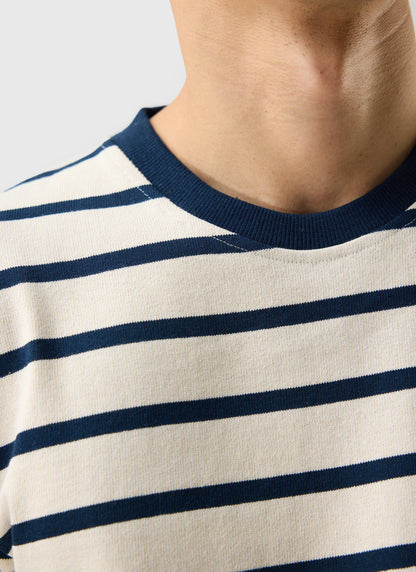 Men's Striped T Shirt: Breton - Cotton - Cream with Navy | Percival