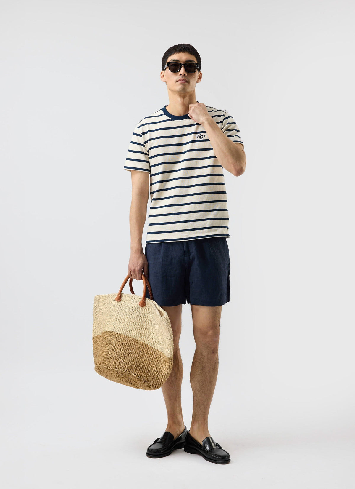 Men's Striped T Shirt: Breton - Cotton - Cream with Navy | Percival