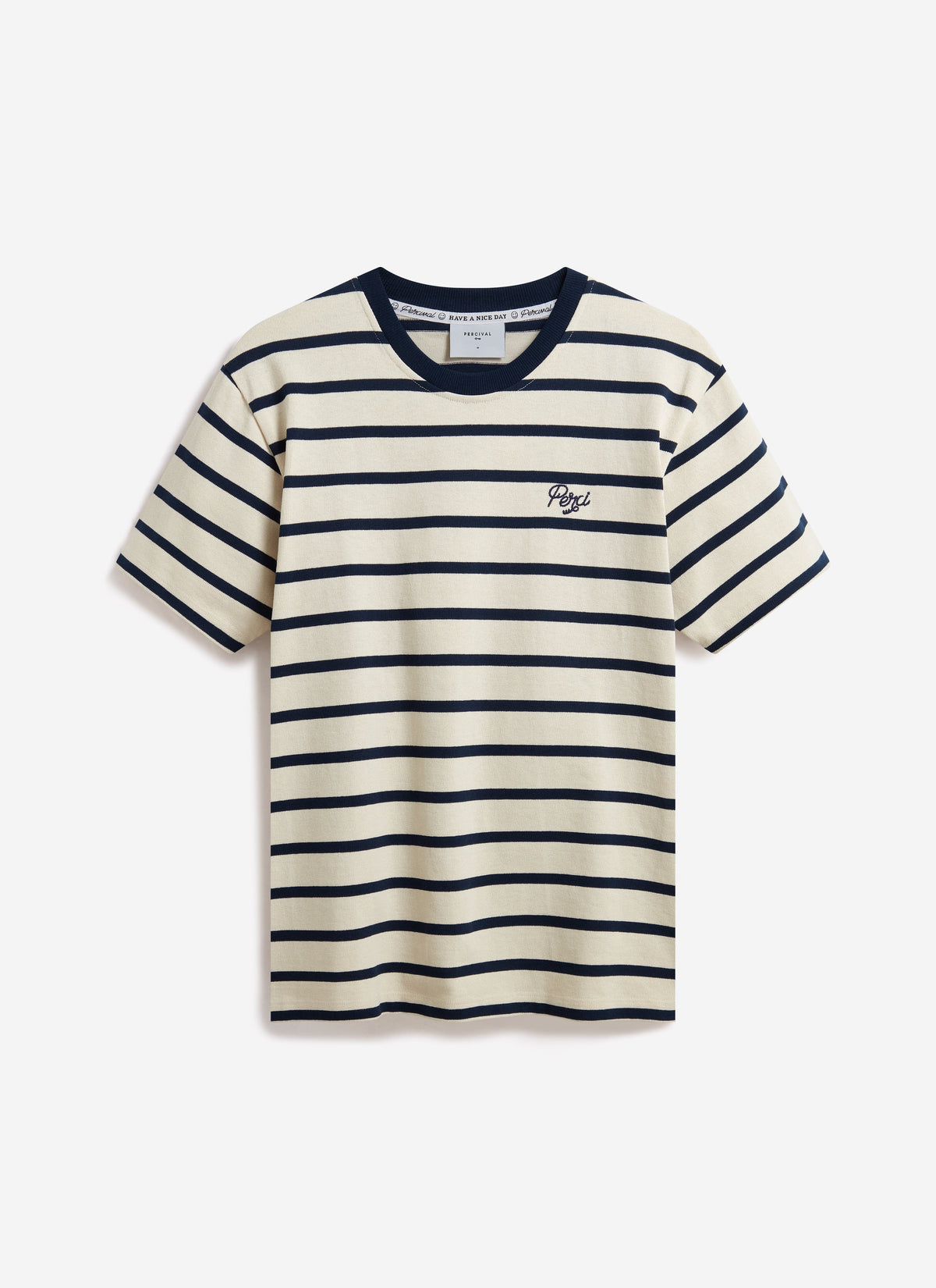 Men's Striped T Shirt: Breton - Cotton - Cream with Navy | Percival