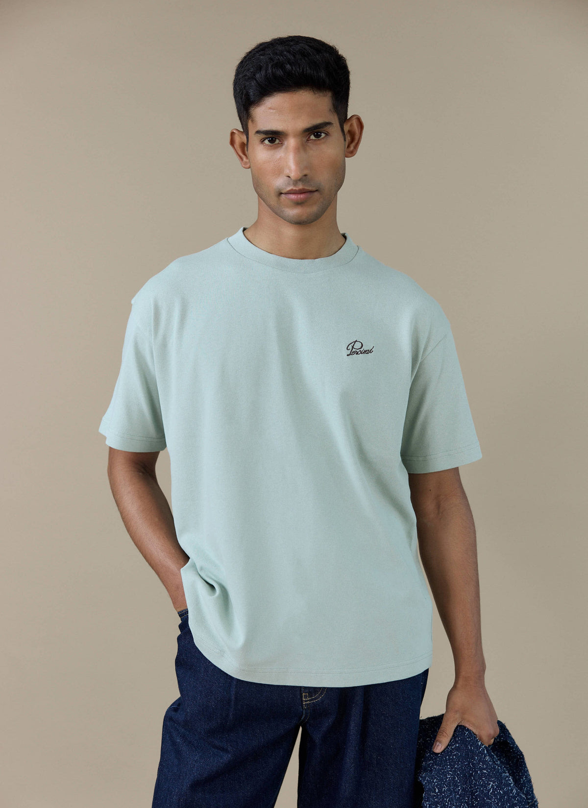 Men's T Shirt - Perci Script - Embroidered Organic Cotton - Sage | Percival