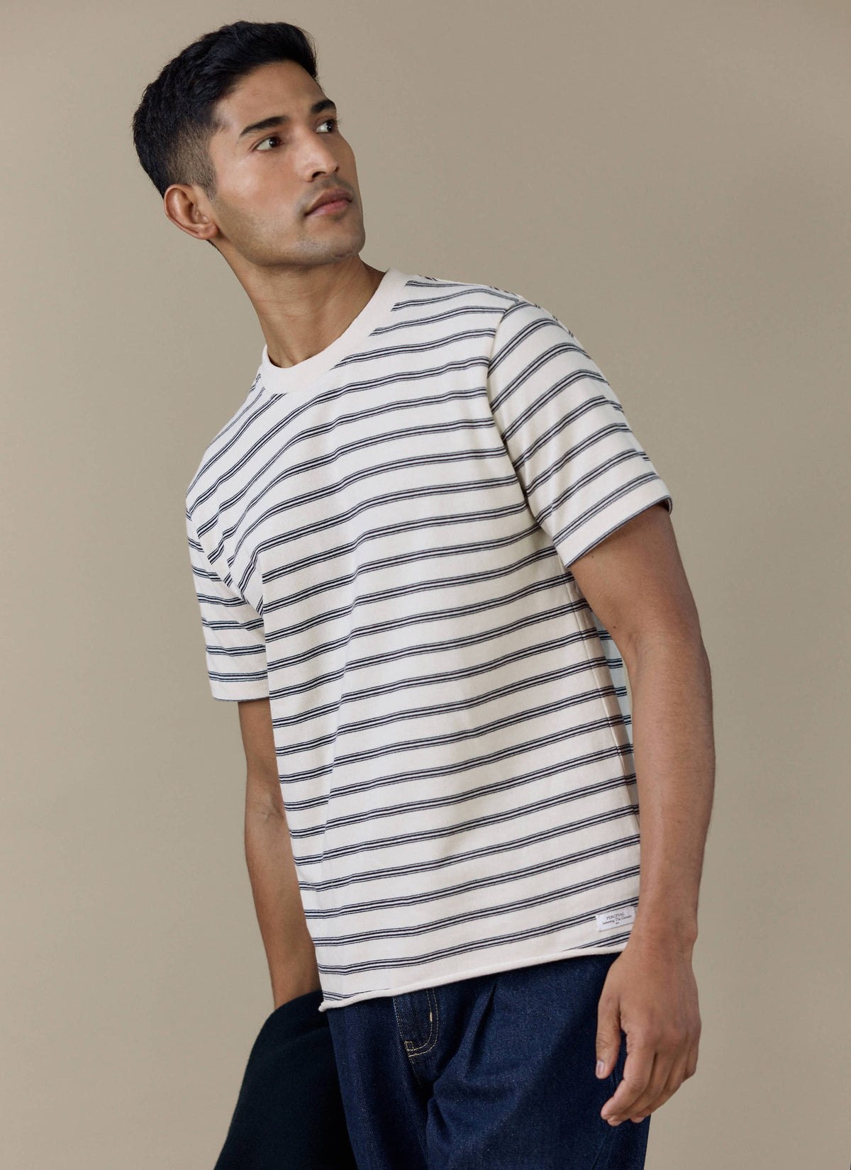 Men's Breton T Shirt - Arlo Raw Hem - Organic Cotton - White Stripe | Percival
