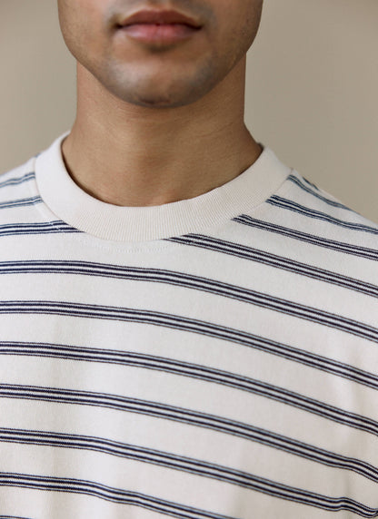 Men's Breton T Shirt - Arlo Raw Hem - Organic Cotton - White Stripe | Percival