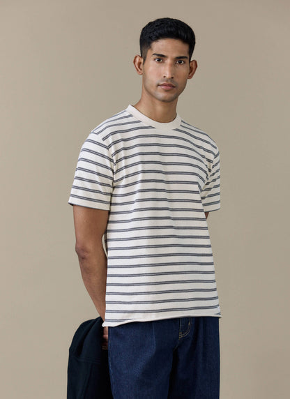Men's Breton T Shirt - Arlo Raw Hem - Organic Cotton - White Stripe | Percival