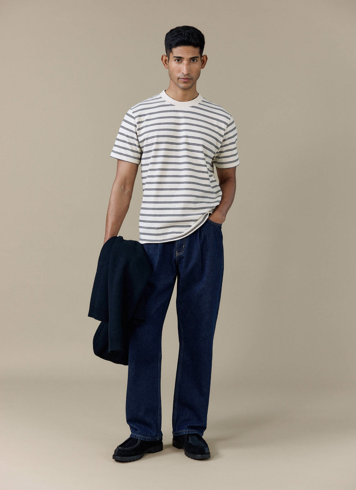 Men's Breton T Shirt - Arlo Raw Hem - Organic Cotton - White Stripe | Percival