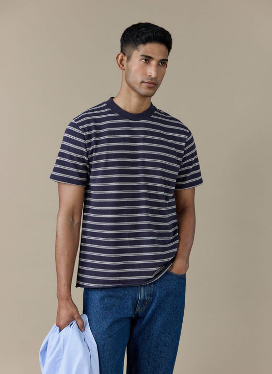 Men's Breton T Shirt - Arlo Raw Hem - Cotton - White Stripe | Percival