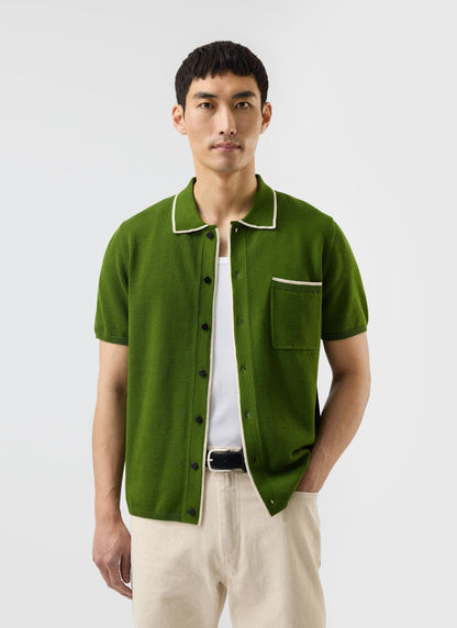 Men's Knitted Shirt: Contrast Trim - Wool - Forest Green | Percival