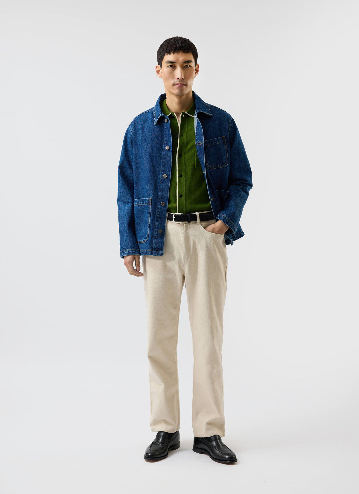 Men's Knitted Shirt: Contrast Trim - Wool - Forest Green | Percival
