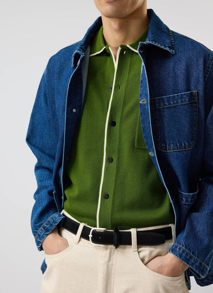 Men's Knitted Shirt: Contrast Trim - Wool - Forest Green | Percival