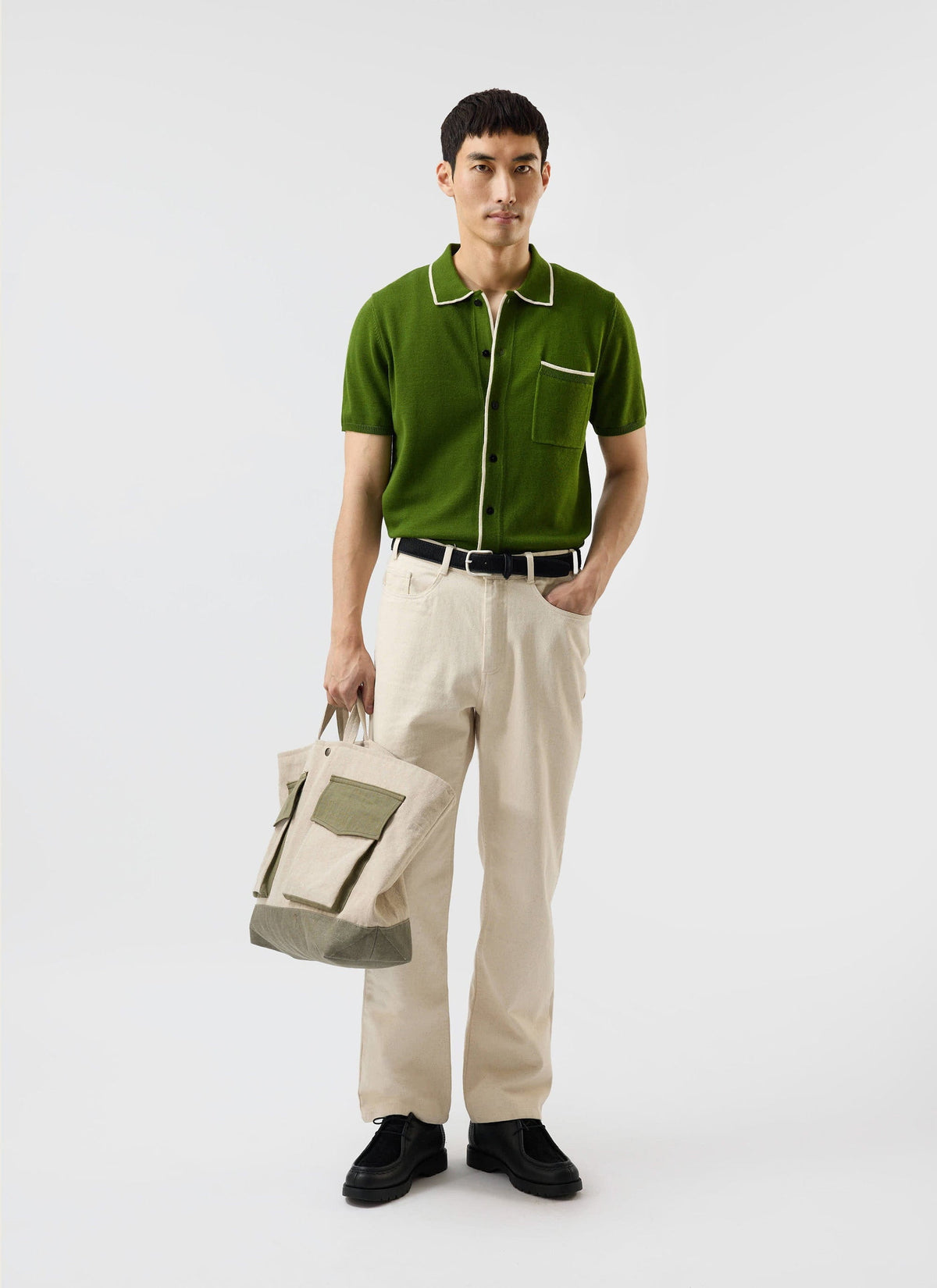 Men's Knitted Shirt: Contrast Trim - Wool - Forest Green | Percival