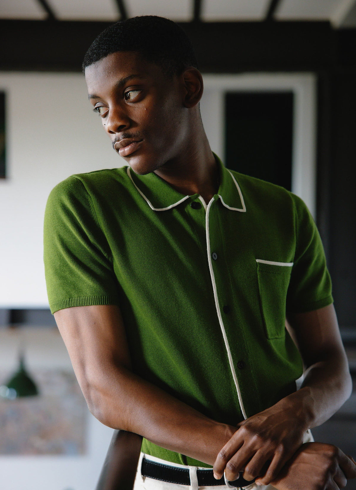 Men's Knitted Shirt: Contrast Trim - Wool - Forest Green | Percival