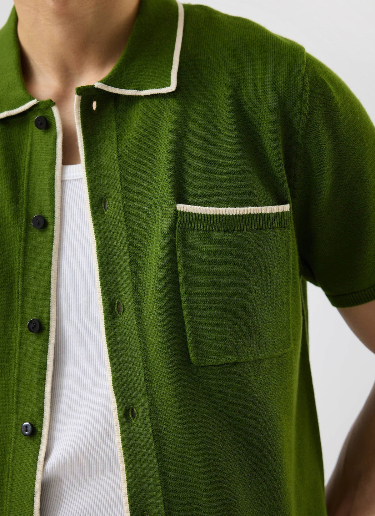 Men's Knitted Shirt: Contrast Trim - Wool - Forest Green | Percival