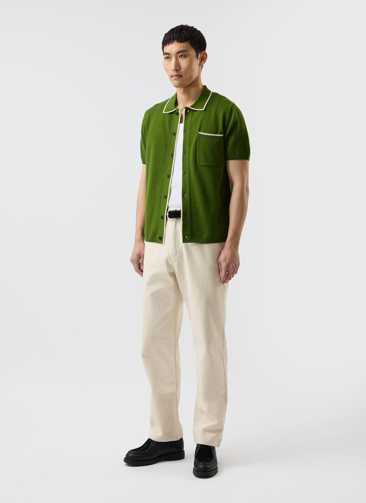 Men's Knitted Shirt: Contrast Trim - Wool - Forest Green | Percival