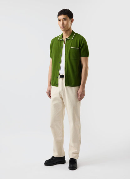 Men's Knitted Shirt: Contrast Trim - Wool - Forest Green | Percival