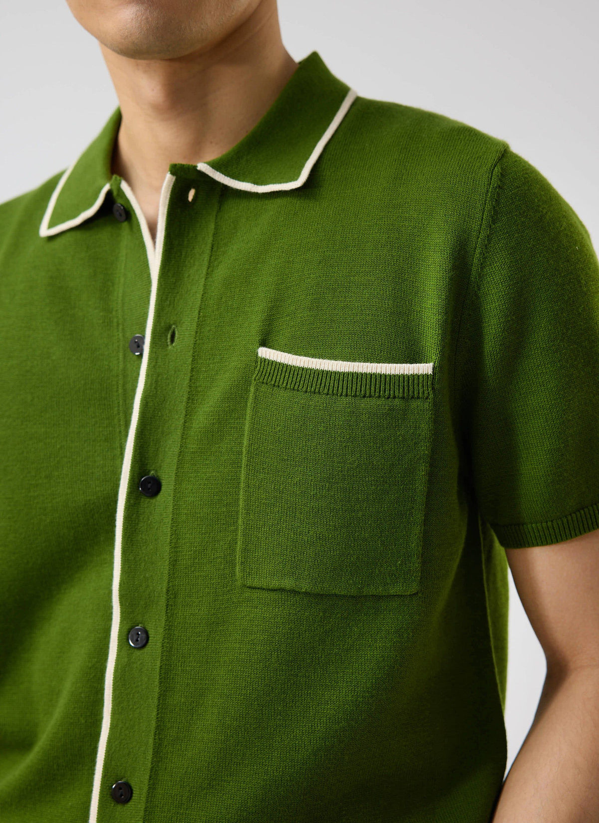 Men's Knitted Shirt: Contrast Trim - Wool - Forest Green | Percival