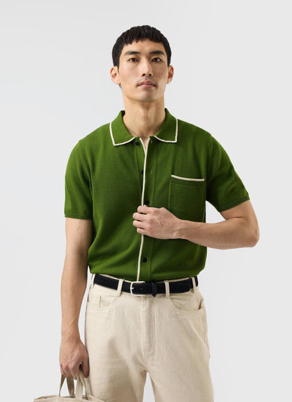Men's Knitted Shirt: Contrast Trim - Wool - Forest Green | Percival