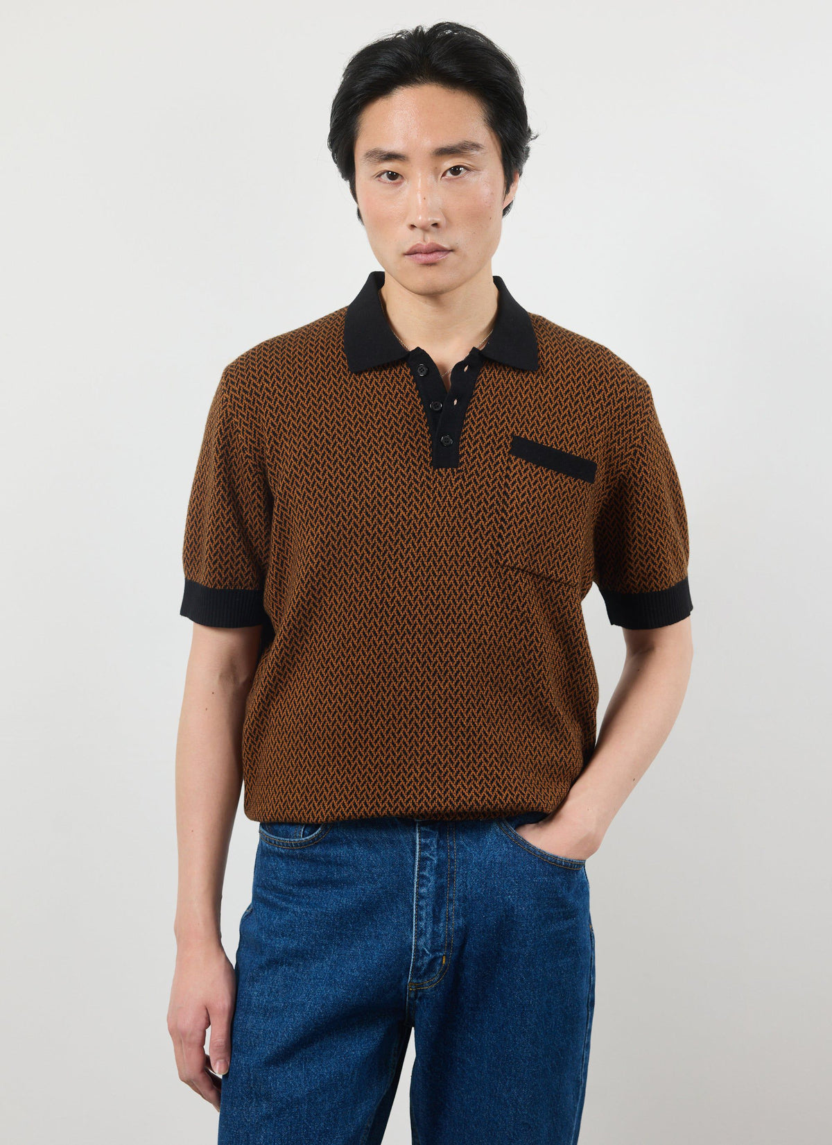 Men's Knitted Polo Shirt - Short Sleeve - Espresso Brown | Percival