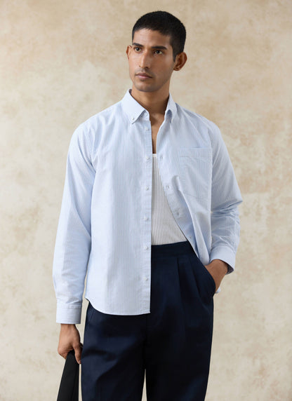 Men's Long Sleeve Oxford Shirt - Cotton - Blue Stripe | Percival