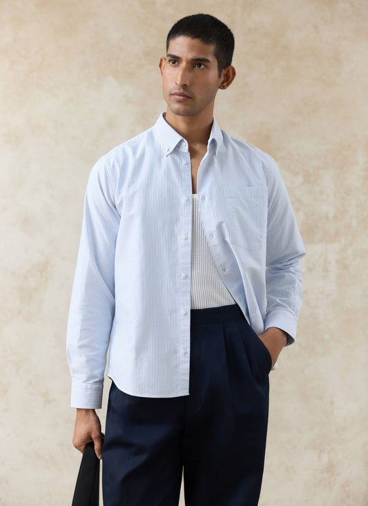 Men's Long Sleeve Oxford Shirt - Cotton - Blue Stripe | Percival