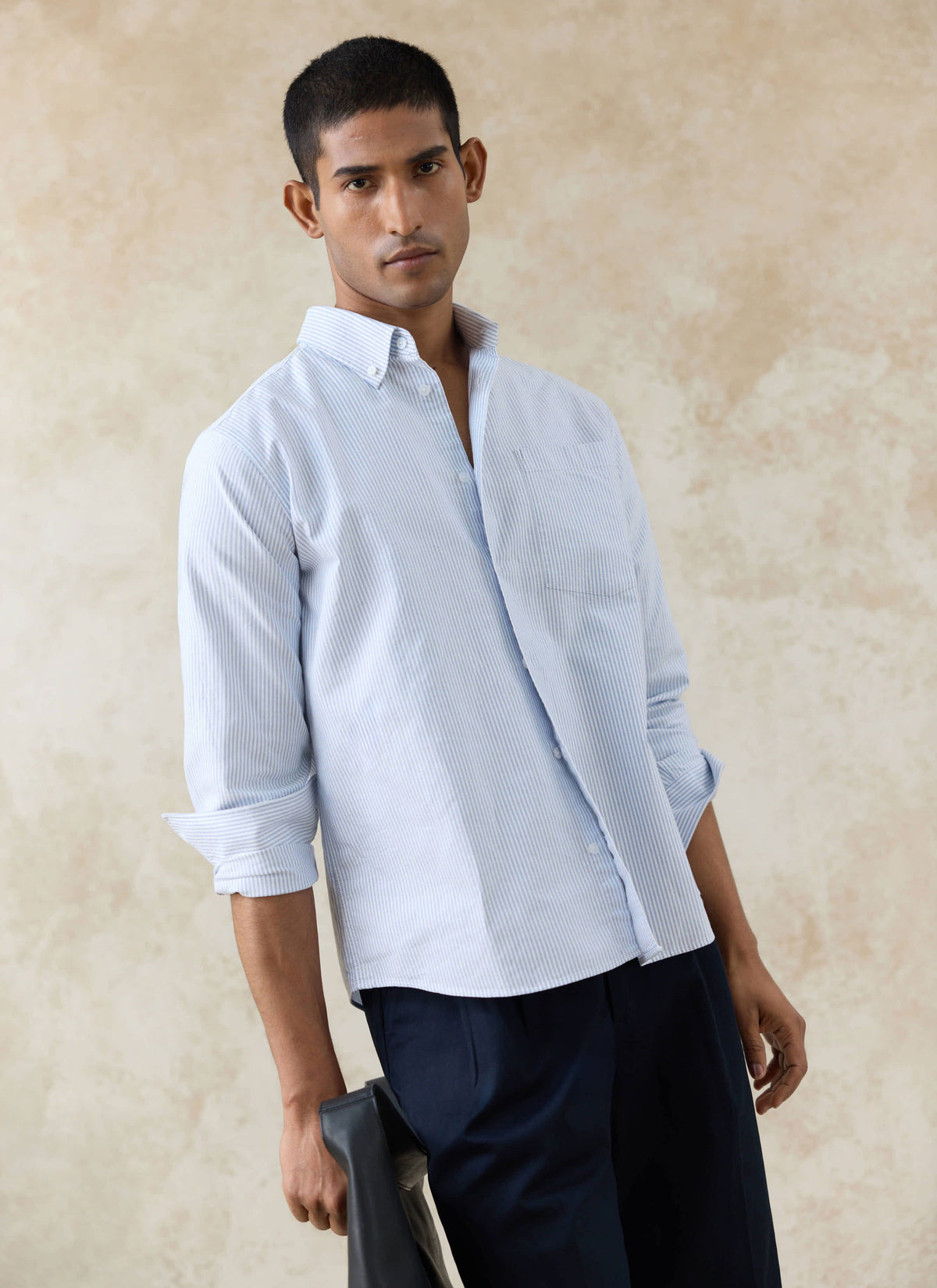 Men's Long Sleeve Oxford Shirt - Cotton - Blue Stripe | Percival
