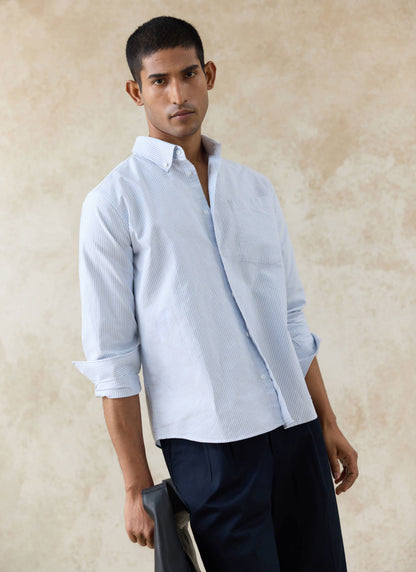 Men's Long Sleeve Oxford Shirt - Cotton - Blue Stripe | Percival