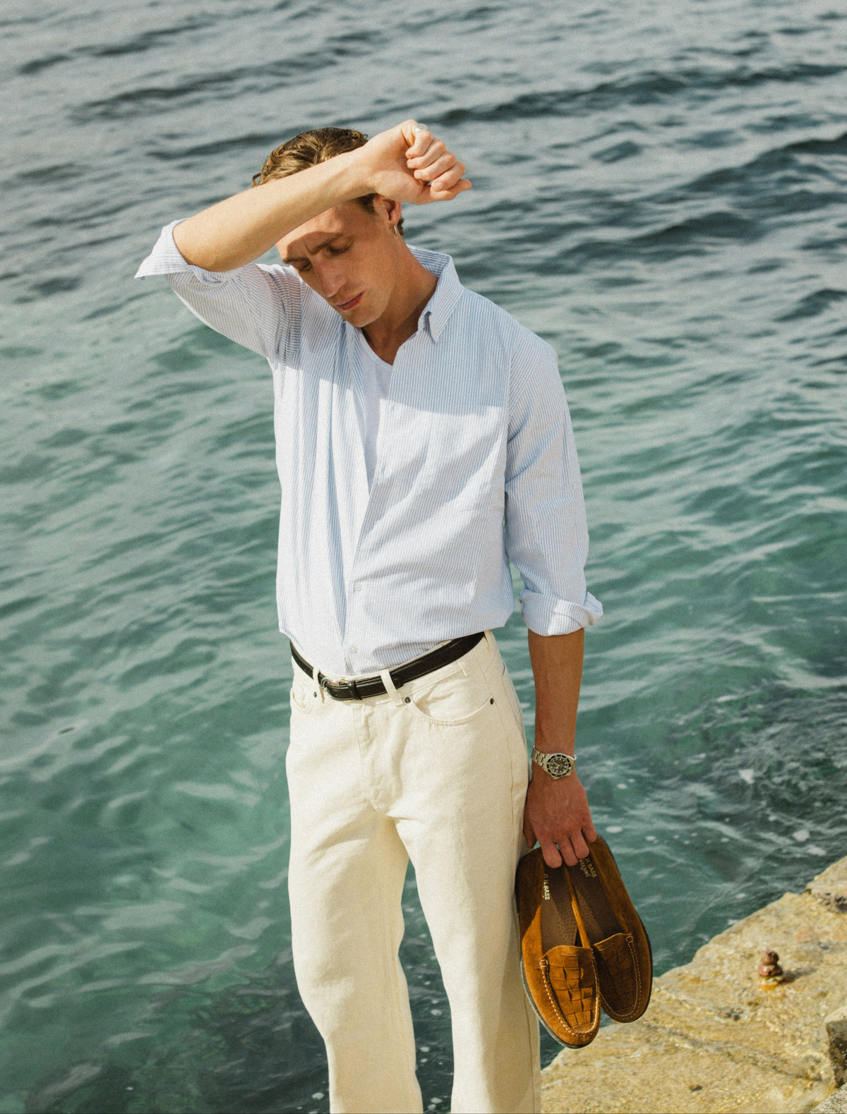 Men's Long Sleeve Oxford Shirt - Cotton - Blue Stripe | Percival