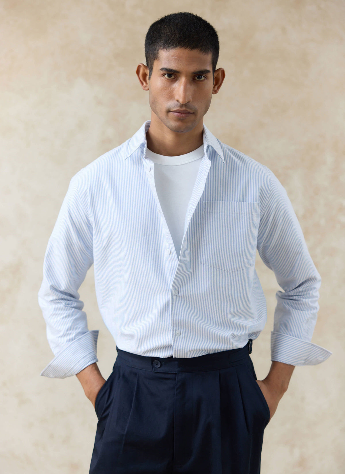 Men's Long Sleeve Oxford Shirt - Cotton - Blue Stripe | Percival