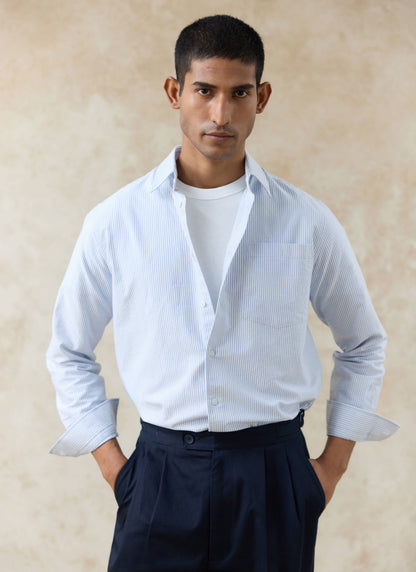 Men's Long Sleeve Oxford Shirt - Cotton - Blue Stripe | Percival
