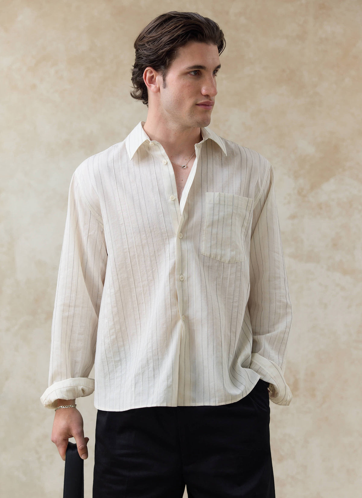 Men's Striped Shirt - Lorenzo - Lyocell Blend - Cream | Percival