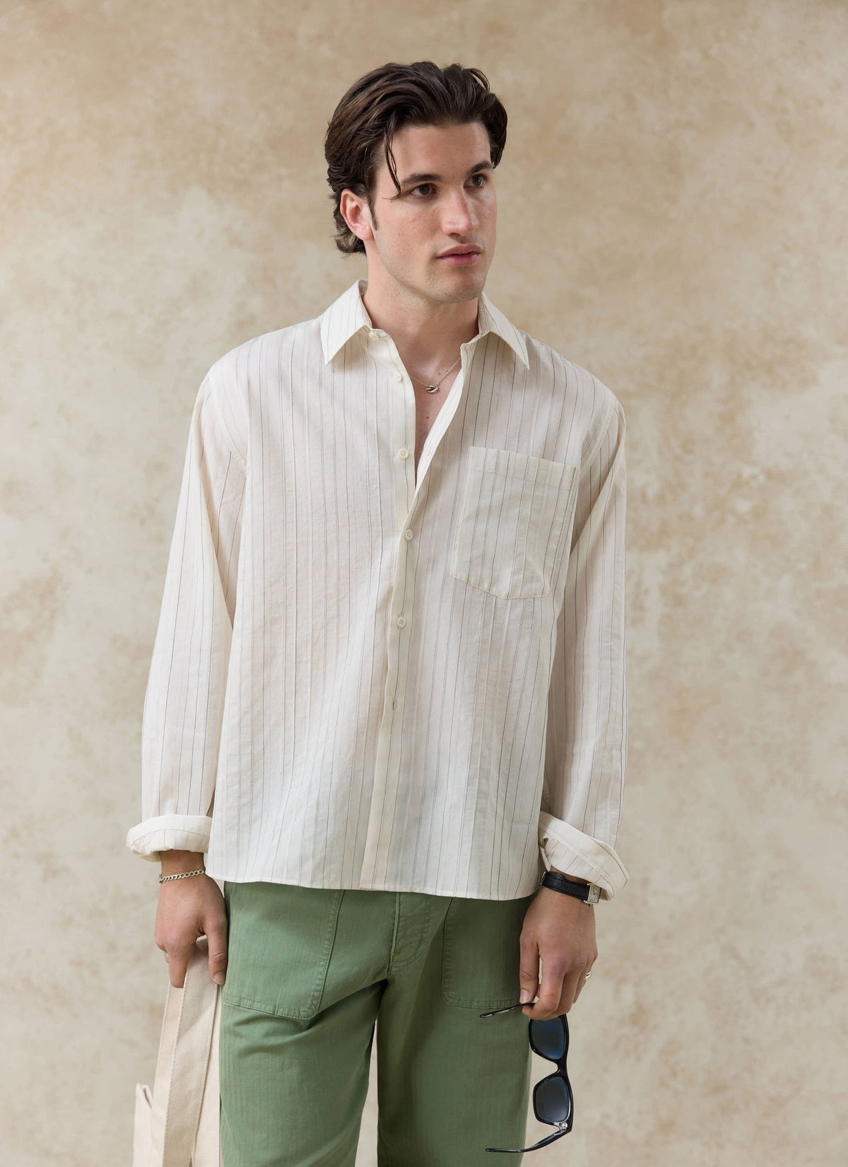 Men's Striped Shirt - Lorenzo - Lyocell Blend - Cream | Percival