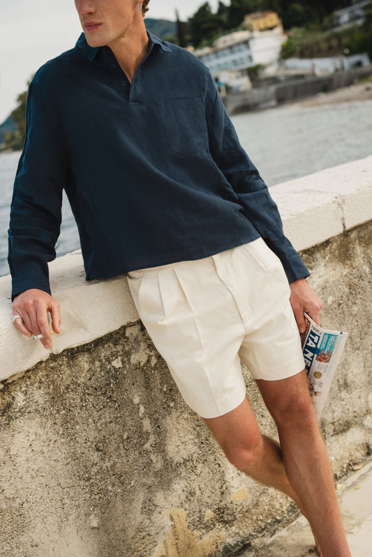 Men's Navy Popover Shirt - Alec - 100% Linen | Percival