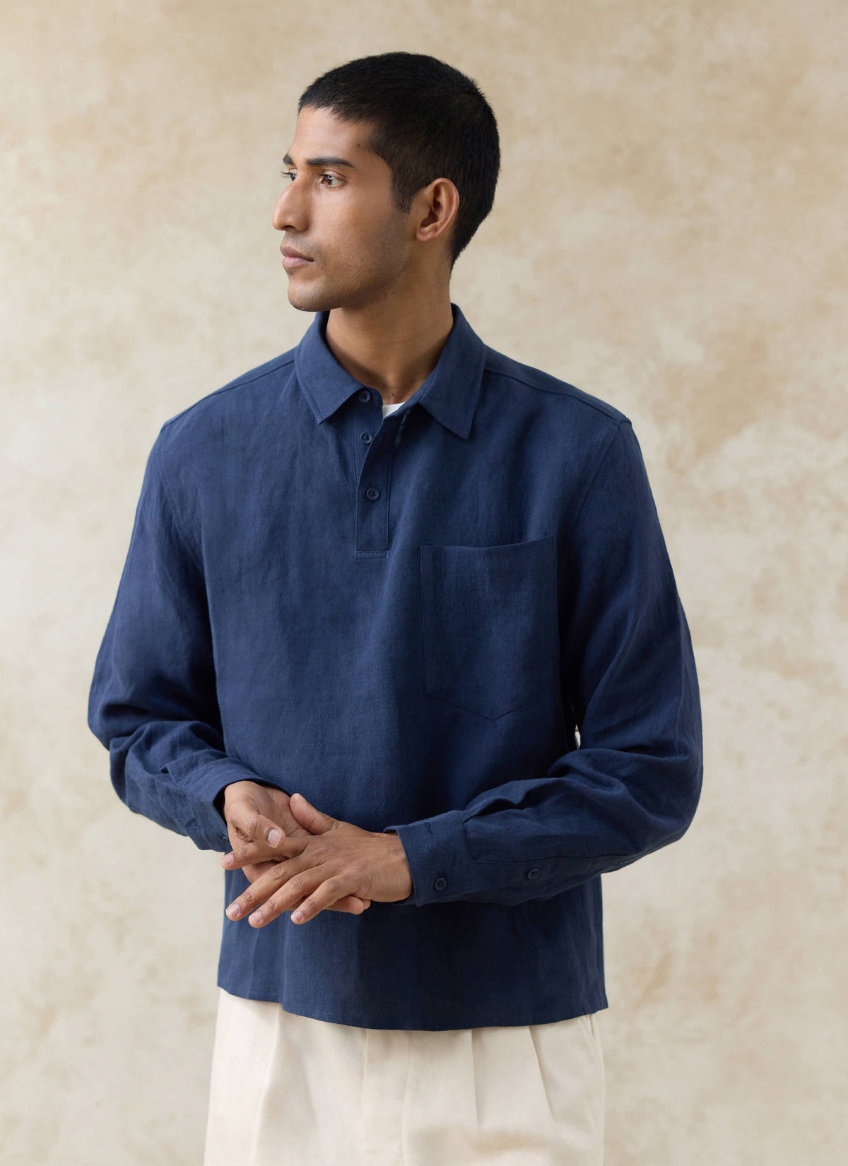 Men's Navy Popover Shirt - Alec - 100% Linen | Percival