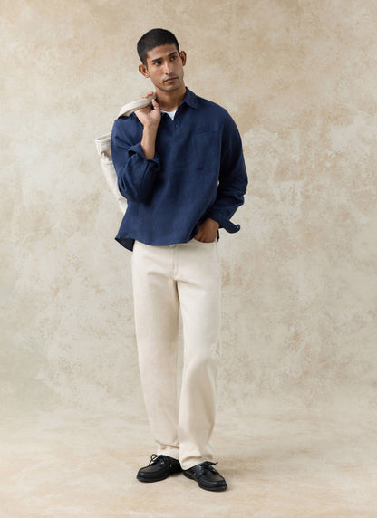 Men's Navy Popover Shirt - Alec - 100% Linen | Percival