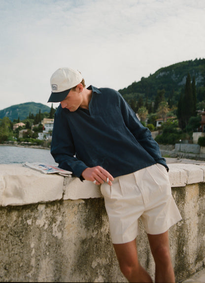 Men's Navy Popover Shirt - Alec - 100% Linen | Percival