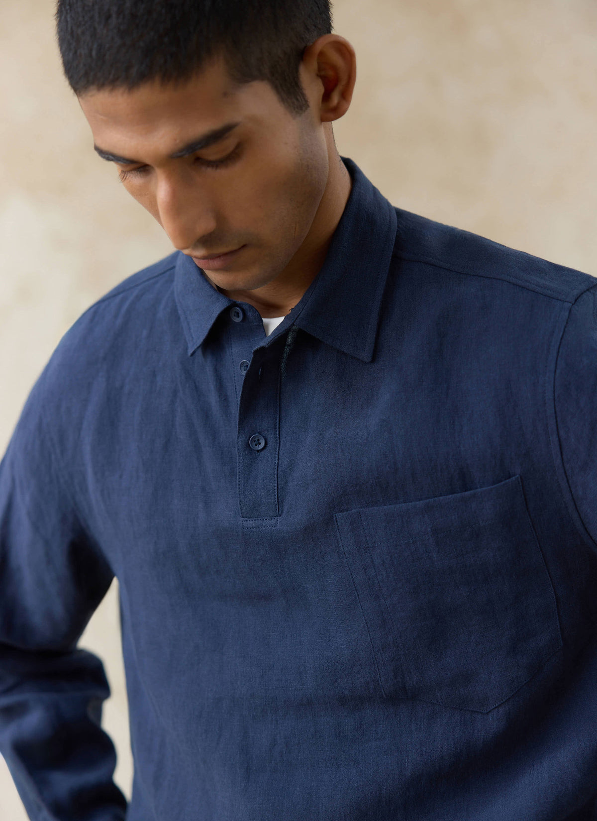 Men's Navy Popover Shirt - Alec - 100% Linen | Percival