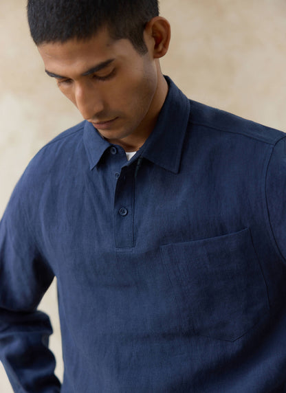 Men's Navy Popover Shirt - Alec - 100% Linen | Percival