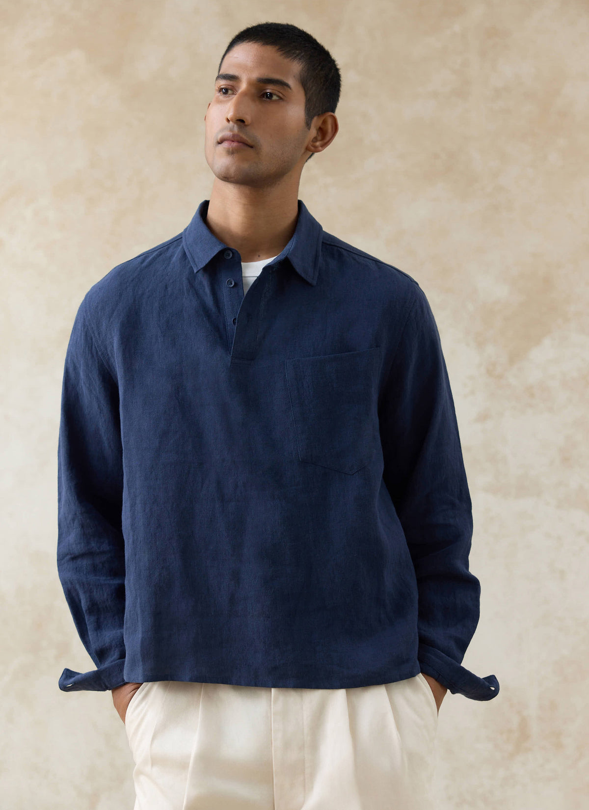 Men's Navy Popover Shirt - Alec - 100% Linen | Percival