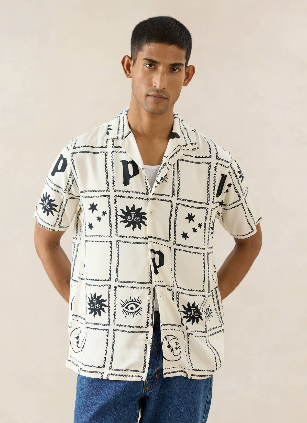 Men's Lunar Panel Cuban Shirt, Short Sleeve - Cream Viscose | Percival