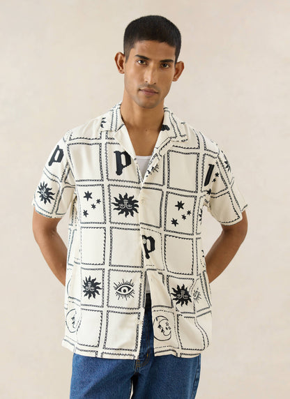 Men's Lunar Panel Cuban Shirt, Short Sleeve - Cream Viscose | Percival