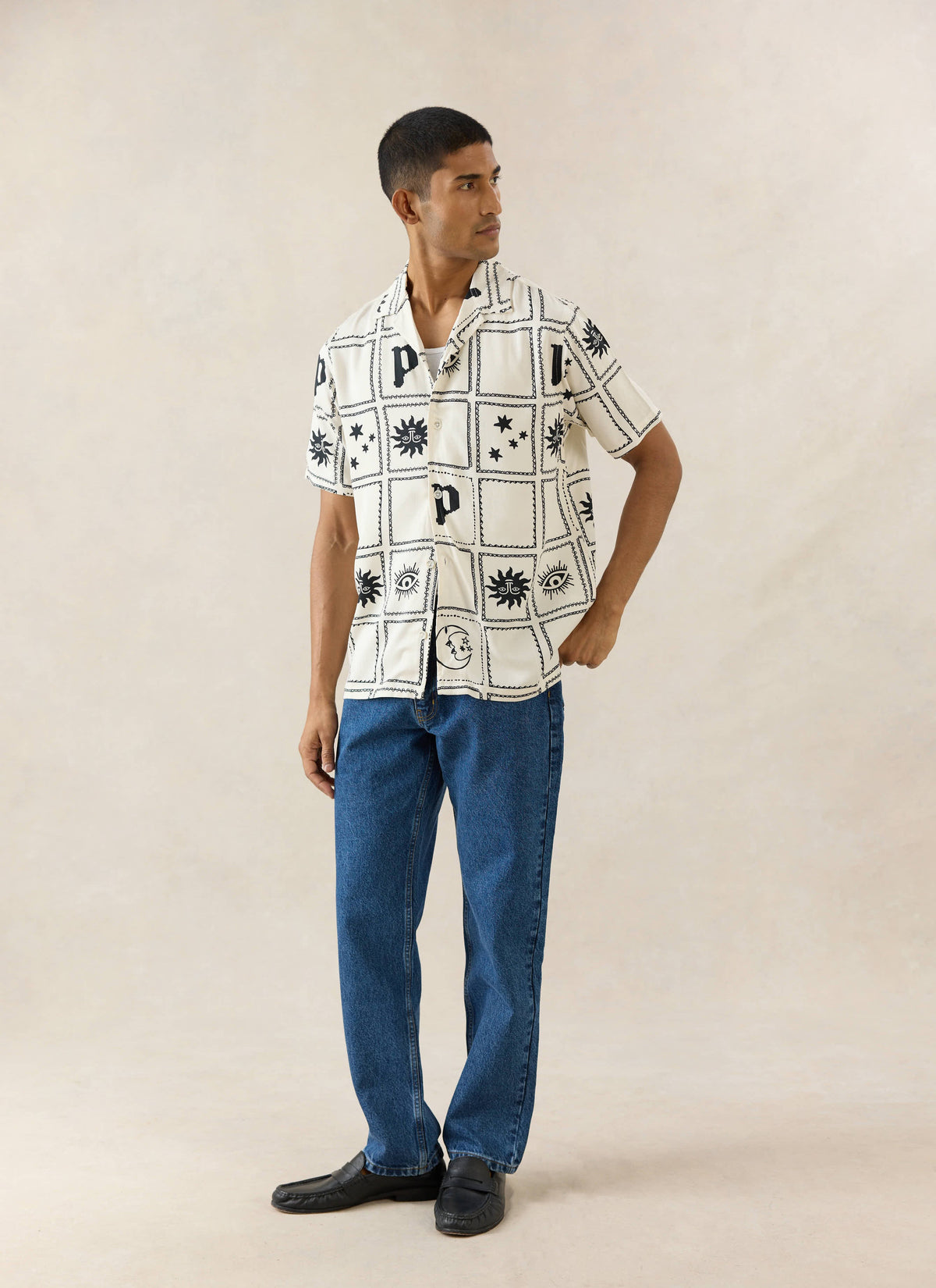 Men's Lunar Panel Cuban Shirt, Short Sleeve - Cream Viscose | Percival