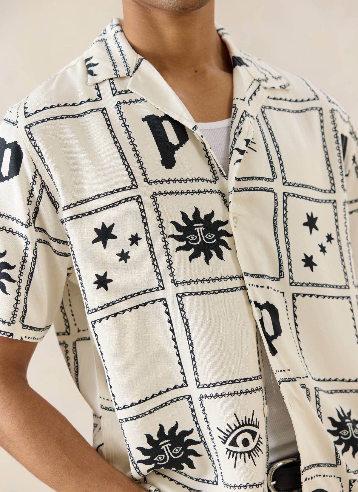Men's Lunar Panel Cuban Shirt, Short Sleeve - Cream Viscose | Percival