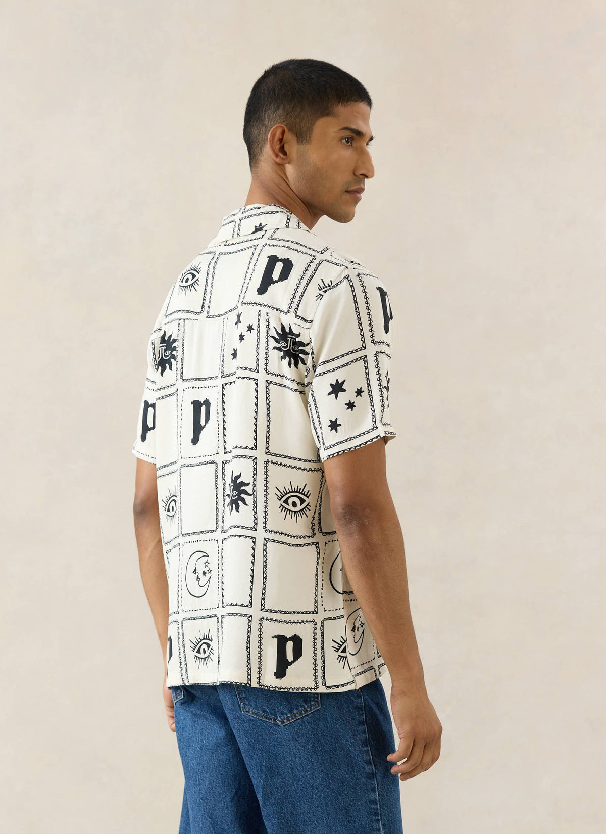 Men's Lunar Panel Cuban Shirt, Short Sleeve - Cream Viscose | Percival