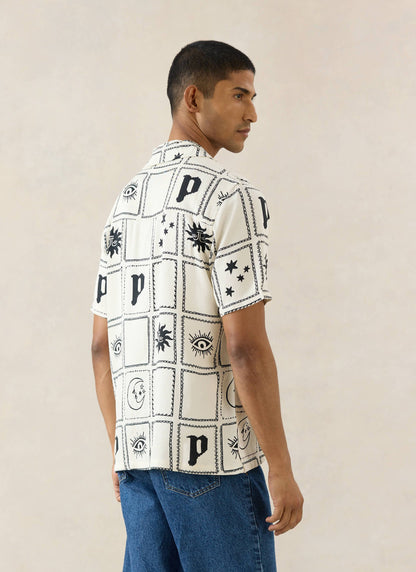 Men's Lunar Panel Cuban Shirt, Short Sleeve - Cream Viscose | Percival