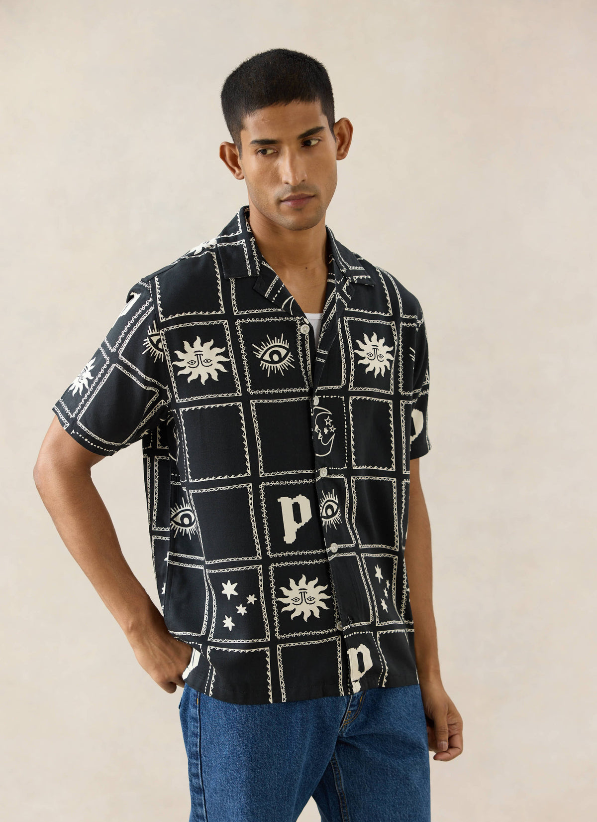 Men's Lunar Panel Cuban Shirt - Viscose - Black | Percival