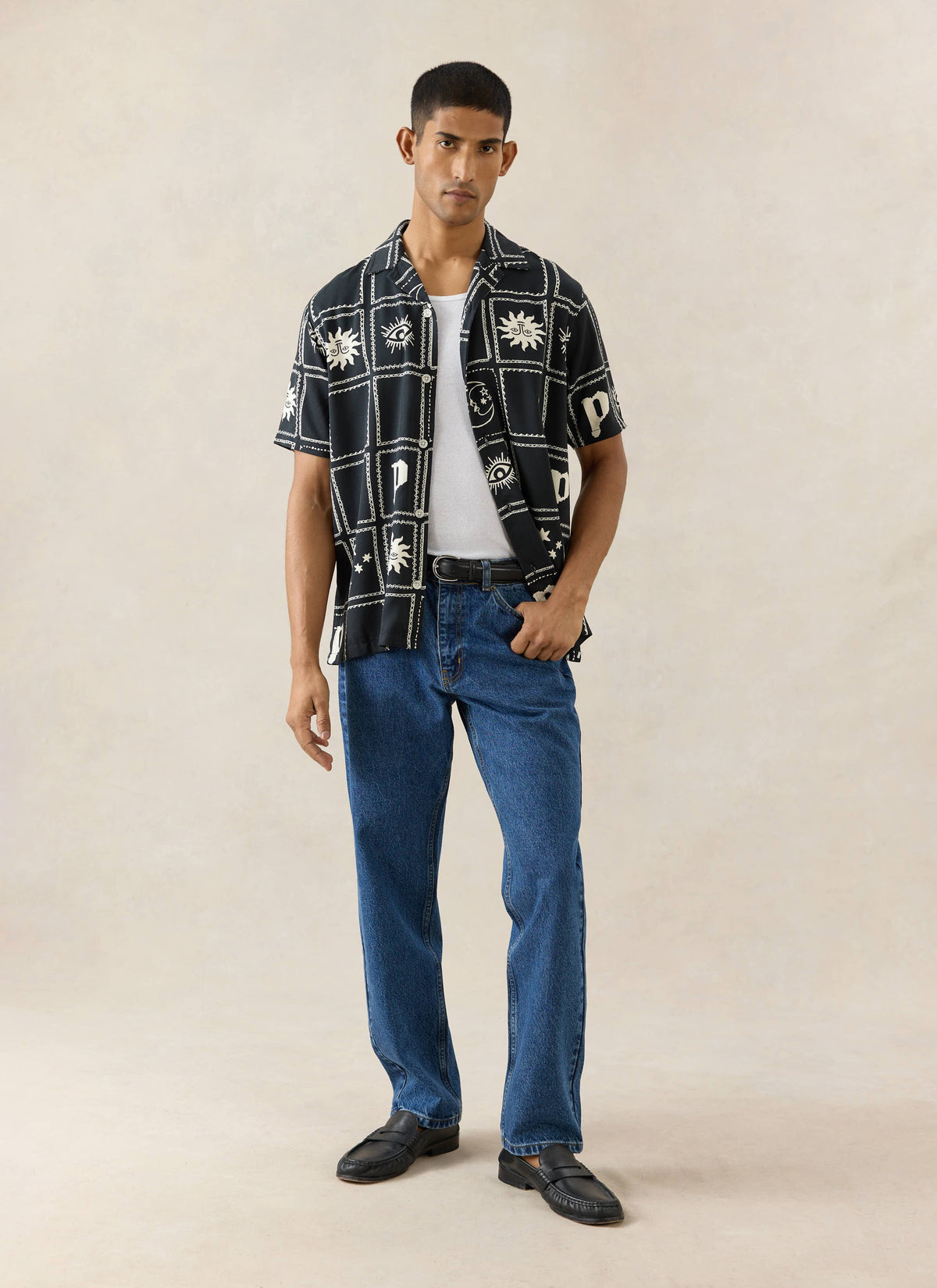 Men's Lunar Panel Cuban Shirt - Viscose - Black | Percival