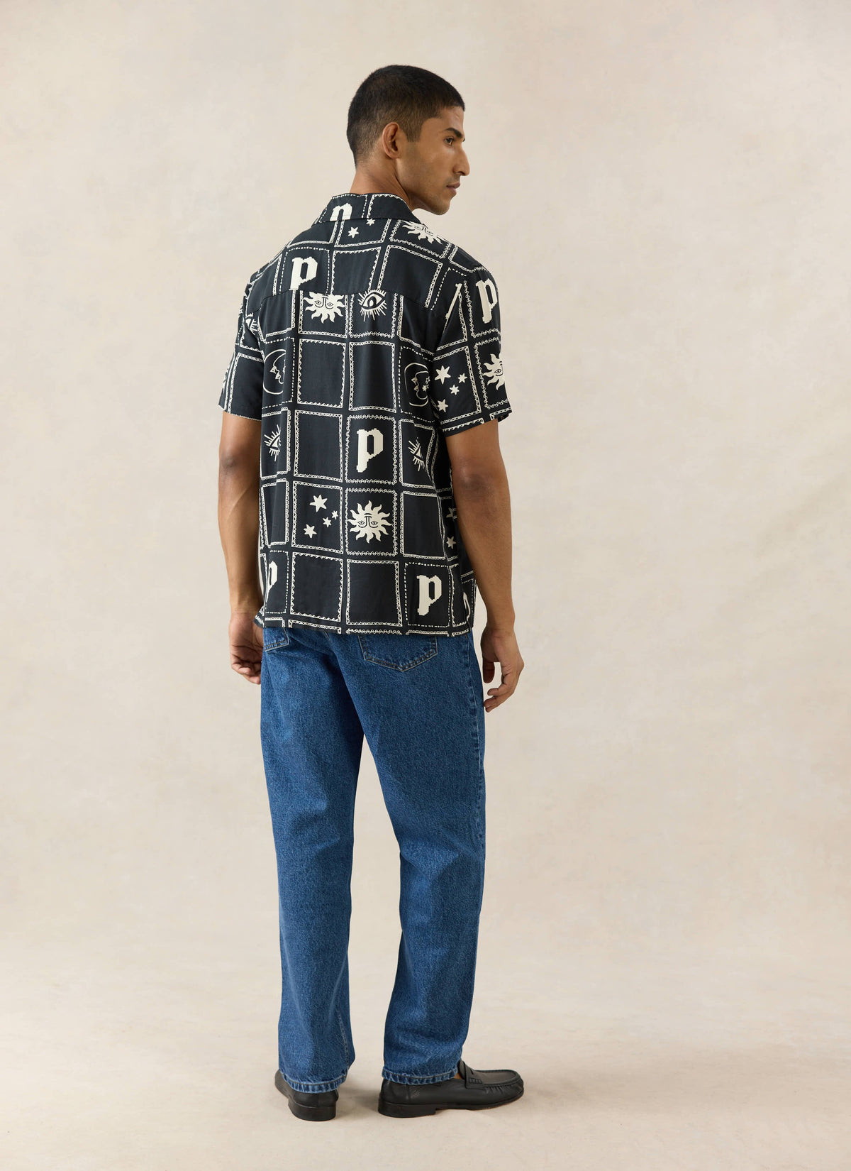 Men's Lunar Panel Cuban Shirt - Viscose - Black | Percival