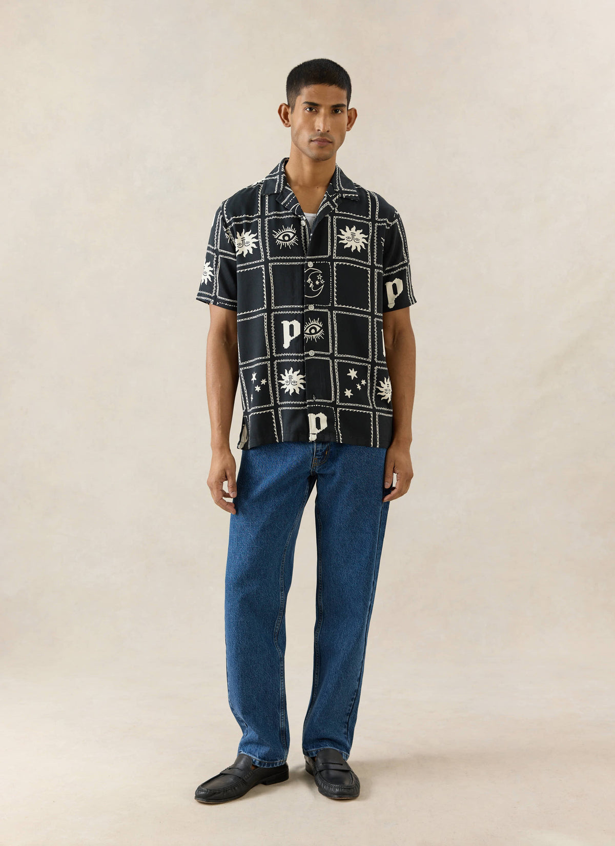 Men's Lunar Panel Cuban Shirt - Viscose - Black | Percival