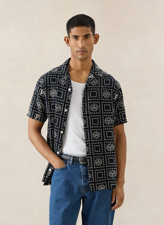 Men's Solis Heaton Cuban Shirt - Linen Blend - Black | Percival